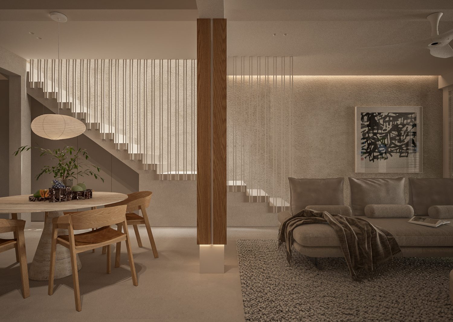 A 3D render of the living and dining, before the room was built