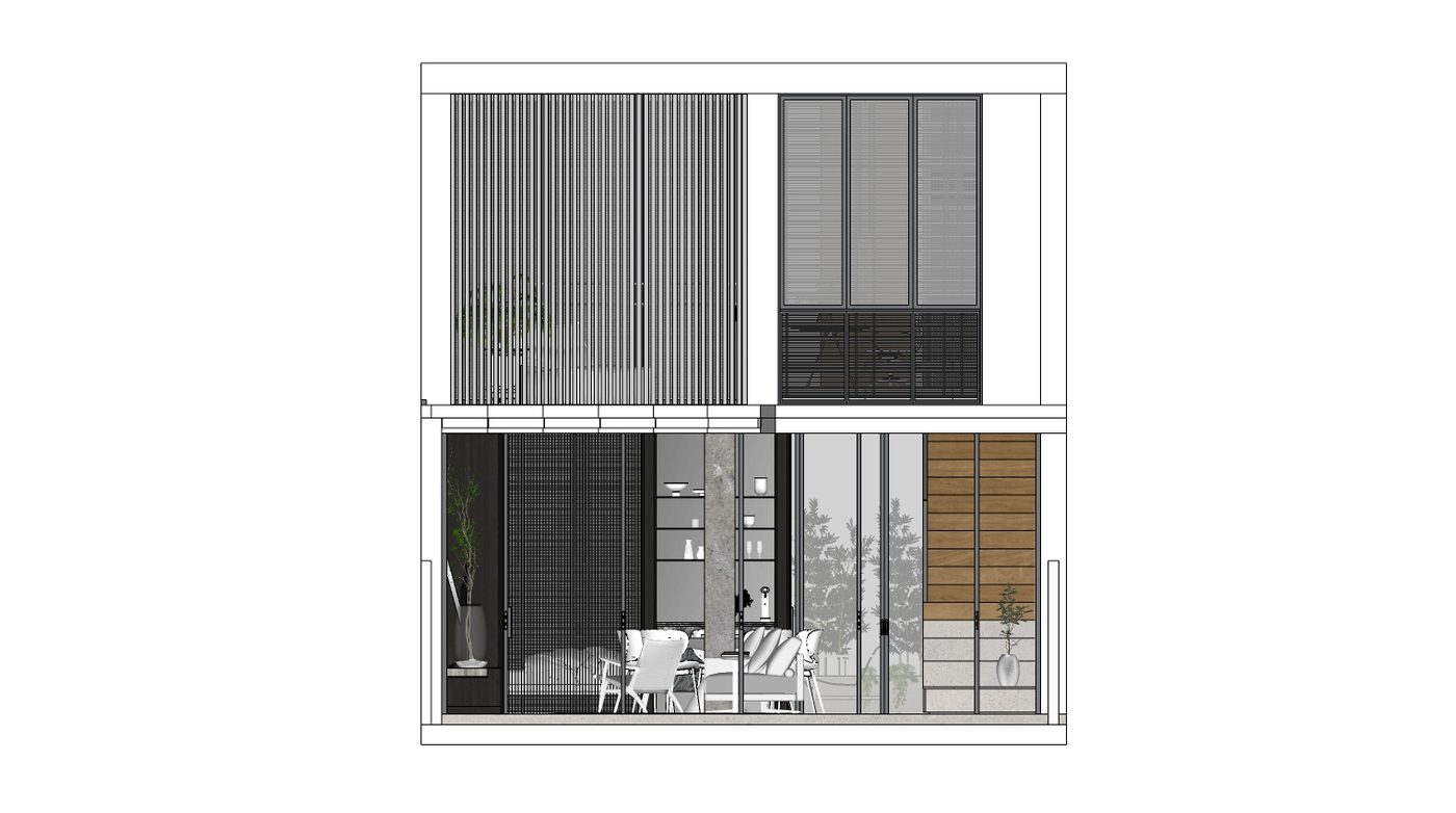 The front elevation studied in SketchUp, perforated screens examined