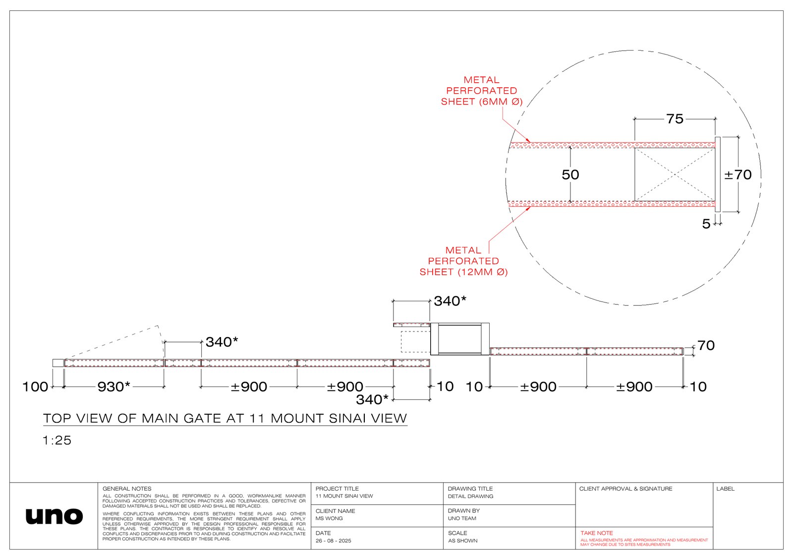 A detail drawing of the main gate at 1:25, perforated metal in two diameters